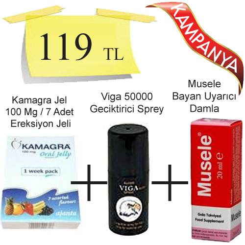 Kamagra Jel 100 mg Sildenafil + Musele Bayan Azdırıcı Damla + Viga 50000 Geciktirici Sprey