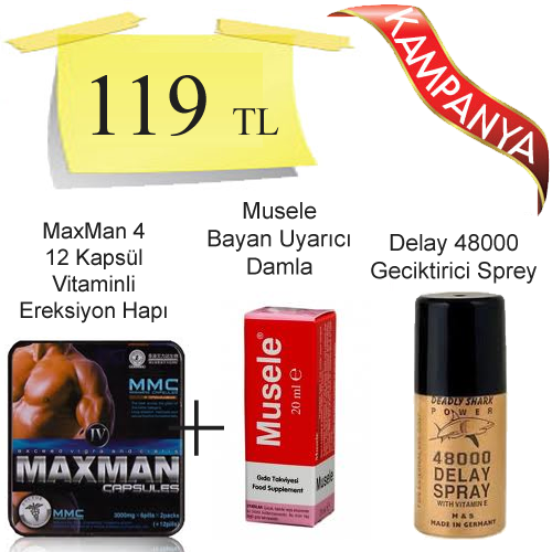Maxman 4 Ereksiyon Hapı 10 Tablet + Musele Bayan Azdırıcı Damla + Delay 48000 Geciktirici Sprey